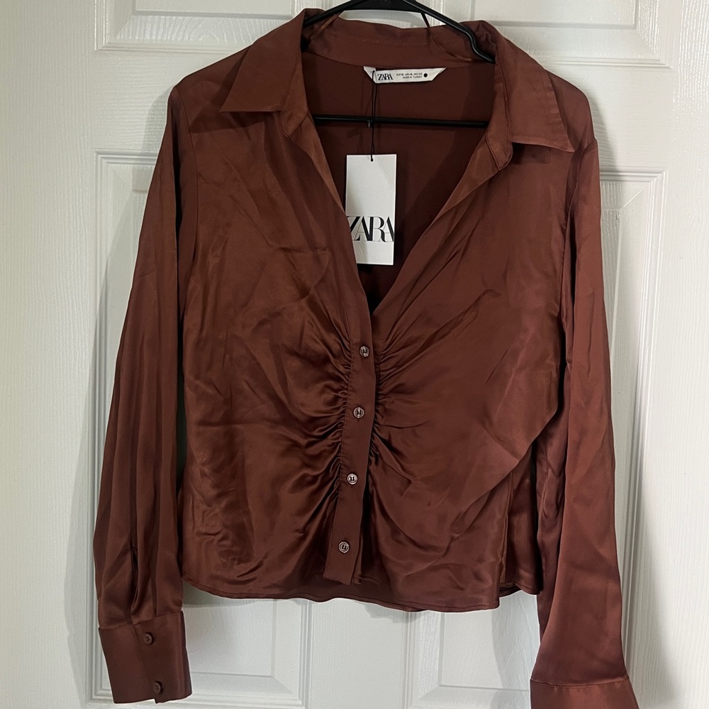 Zara Brown Satin Effect fitted top